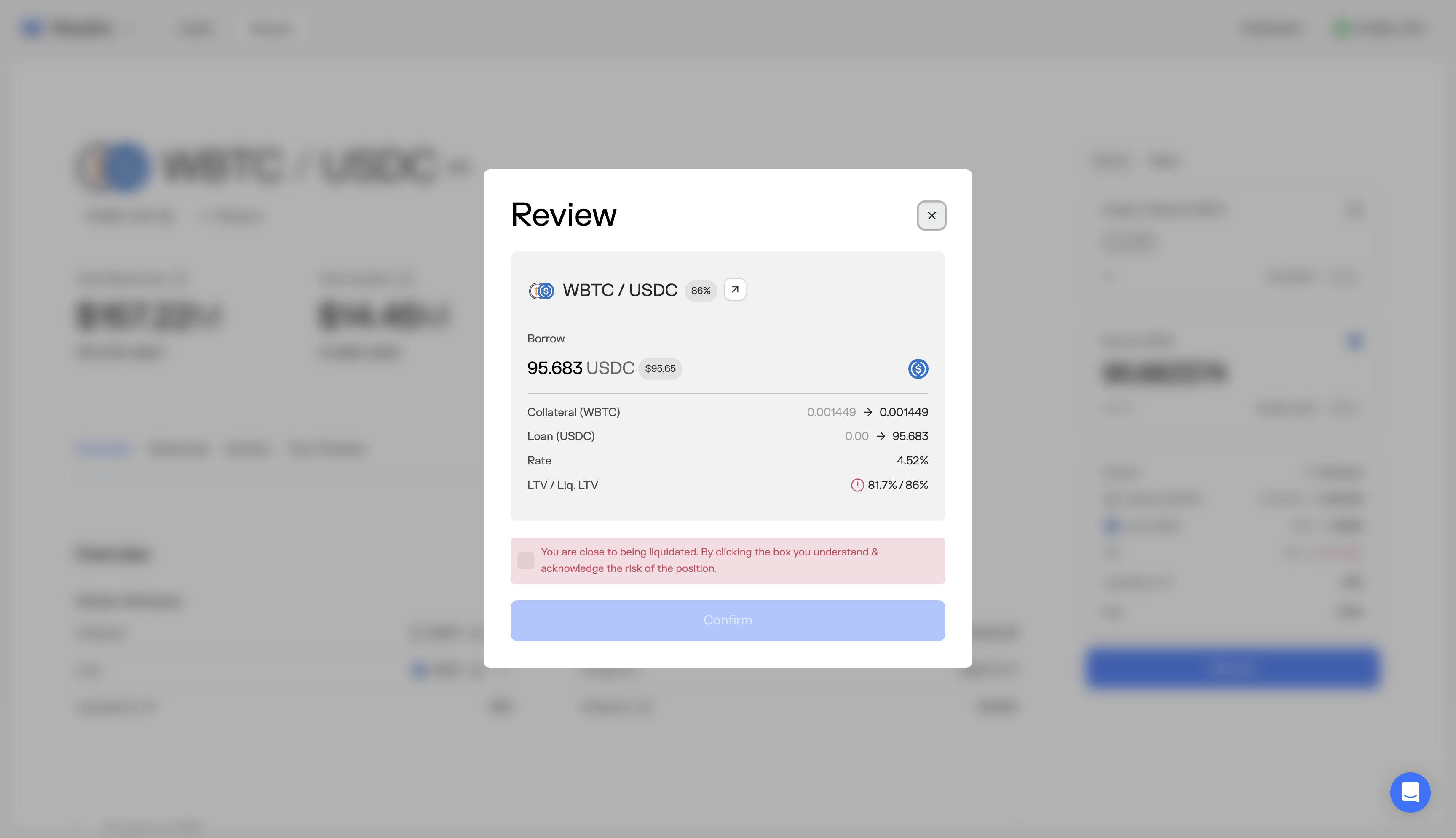 Morpho borrow review modal showing liquidation warning